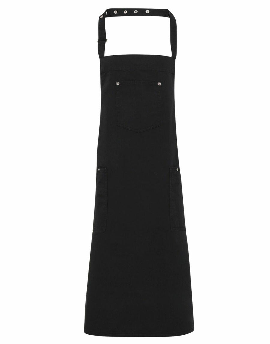 The Premier PR132 apron, featuring a neck strap and multiple pockets, is shown in black.