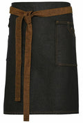 A Premier PR135 apron in black, featuring a brown waist tie and a front pocket.