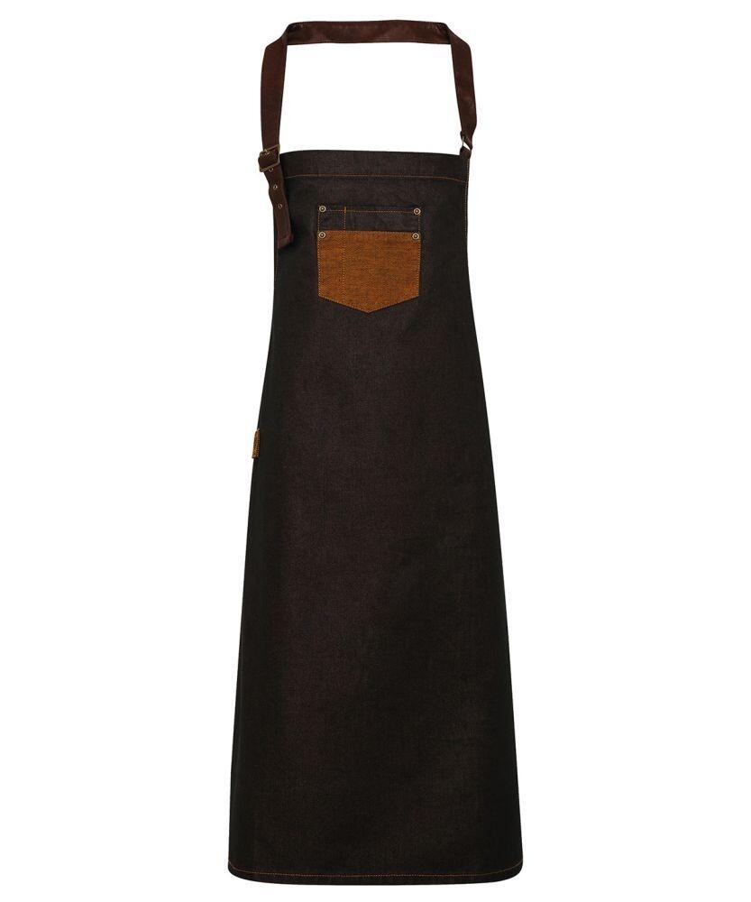 A Premier apron, model PR136, featuring a black fabric with a brown neck strap and chest pocket, showcased against a white background.