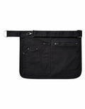 The Premier PR138 is a black waist apron that includes a pocket, zipper, adjustable strap, and a small metal loop on the left.