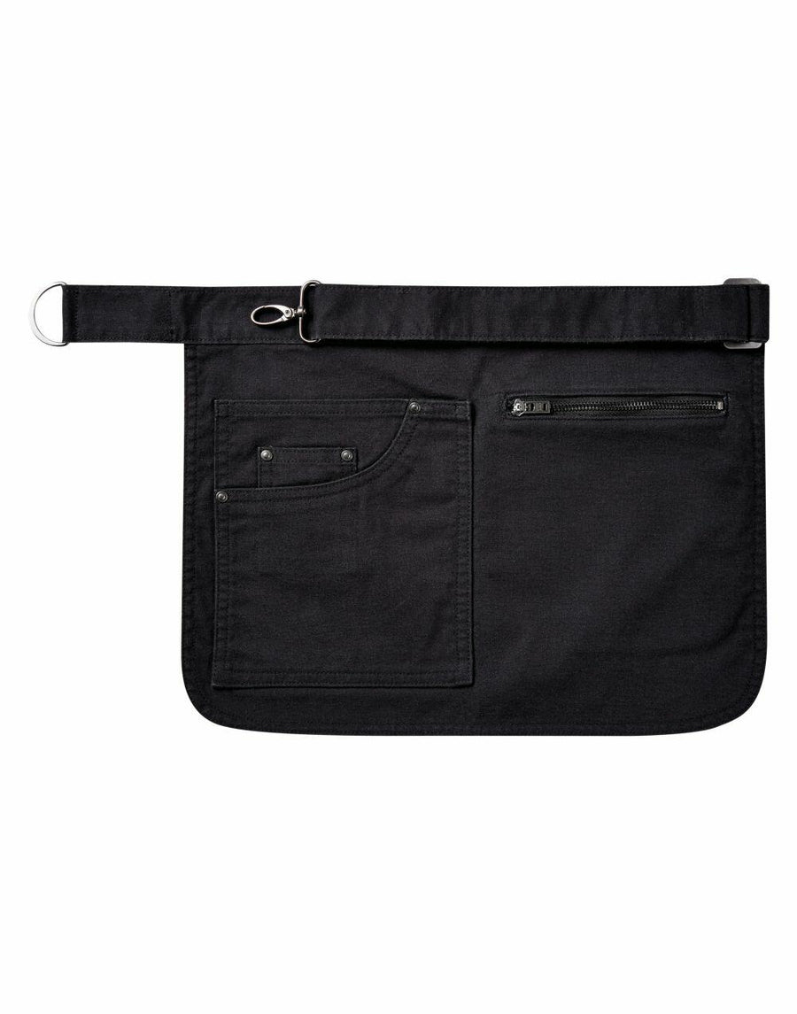 The Premier PR138 is a black waist apron that includes a pocket, zipper, adjustable strap, and a small metal loop on the left.
