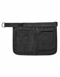 The Premier PR138 dark gray denim waist apron features a front pocket, a zipper pocket, and a metal ring on the adjustable strap.