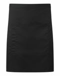 PR141 by Premier, a black waist apron featuring a front pocket, showcased on a plain white background.