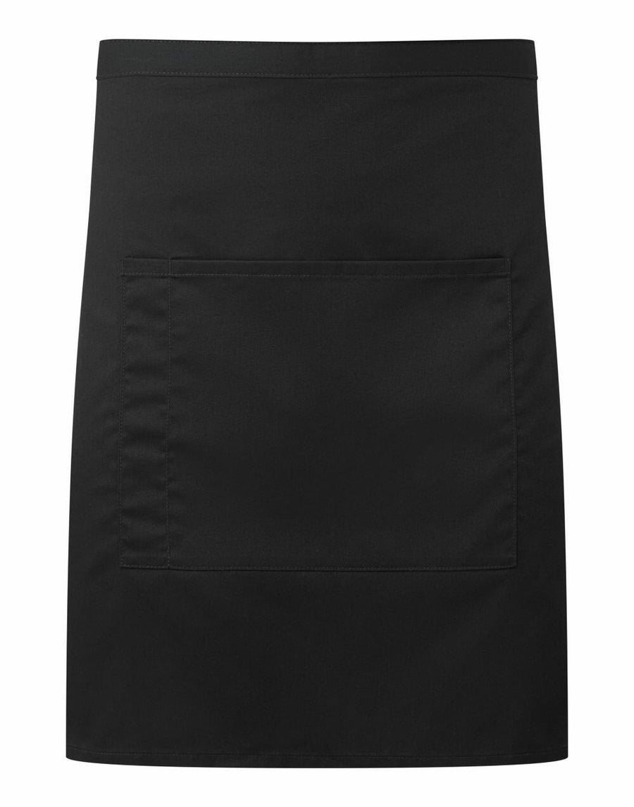PR141 by Premier, a black waist apron featuring a front pocket, showcased on a plain white background.