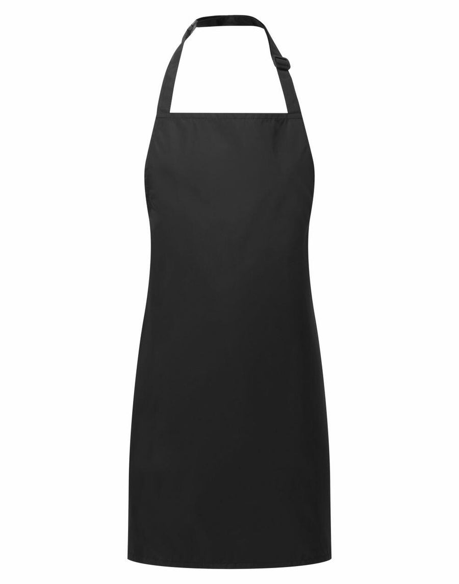 PR145 apron by Premier featuring a black design with a neck loop and waist ties, showcased on a white background.
