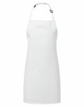 A Premier brand PR145 plain white apron featuring an adjustable neck strap, shown against a white background.
