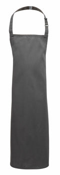 The Premier PR149 apron, featuring a sleek dark gray design and an adjustable neck strap, is showcased against a white backdrop. It extends to a medium length, making it perfect for cooking or crafting activities.