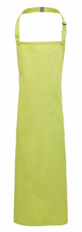Product Description: The Premier PR149 is a lime green apron featuring an adjustable neck strap and a long waist for optimal comfort. Crafted from smooth and durable fabric, this apron stands out on a plain white background.