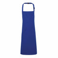 The Premier PR149 apron, featuring an adjustable neck strap and a plain blue design, is showcased against a white background.