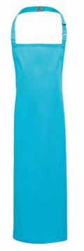 The Premier PR149 is a vibrant blue apron featuring an adjustable neck strap and a minimalist design with no visible patterns or logos. Its smooth fabric offers a plain, full-length design.
