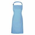 The Premier PR150 apron in light blue, featuring a neck strap and waist ties, is displayed against a white background. Its simple and clean design makes it ideal for cooking or crafting activities.