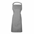 A Premier PR150 grey denim apron featuring an adjustable neck strap and a front pocket, showcased against a plain white background.