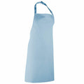 The Premier PR150 is a light blue apron featuring a neck strap and waist ties, shown against a white background. This apron, crafted from smooth fabric, is perfect for cooking or crafting activities.