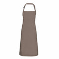 A Premier PR150 kitchen apron featuring a plain taupe color, a neck strap, and a long design.