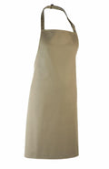 A Premier PR150 apron in khaki, featuring an adjustable neck strap and waist ties, showcased against a white background.