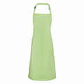 The Premier PR150 is a light green apron featuring an adjustable neck strap and long ties, showcased against a plain white background. The fabric looks smooth and lightweight.