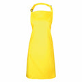 The Premier PR150 is a vibrant yellow apron featuring an adjustable neck strap and a knee-length design.