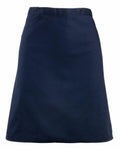 The PR151 by Premier is a plain, dark blue A-line skirt featuring a smooth texture and a simple waistband, showcased against a white background.