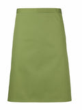 The Premier PR151 is a plain olive green apron set against a white background. It features a simple, straight design with a waist tie.