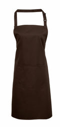 Premier's PR154 dark brown apron features an adjustable neck strap and a large front pocket, beautifully displayed on a white background.