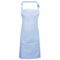 The Premier PR154 is a plain light blue apron featuring a neck strap and a large front pocket.