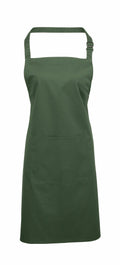 The Premier PR154 apron, available in dark green, features a neck loop and a large front pocket for kitchen or craft use, and is displayed on a plain white background.