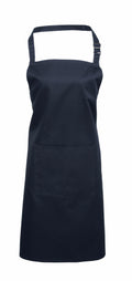 The Premier PR154 is a plain black apron designed with a neck loop and adjustable ties. It also includes a large front pocket for convenience.