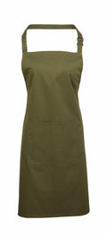 A Premier PR154 apron in plain olive-green, featuring a neck strap and a large front pocket.