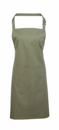 A Premier PR154 apron in pure olive green, featuring an adjustable neck strap and a spacious front pocket.