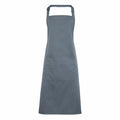 Product PR154 by Premier is a plain gray apron featuring a neck loop and a large central front pocket. It is crafted from smooth fabric and boasts a simple, functional design.