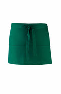 A Premier PR155 green waist apron featuring a front tie and a pocket across the front, set against a white background.