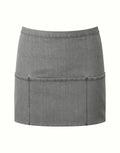 The PR155 gray denim mini skirt by Premier features visible stitching, front pockets, and a simple waistband, showcased against a plain white background.