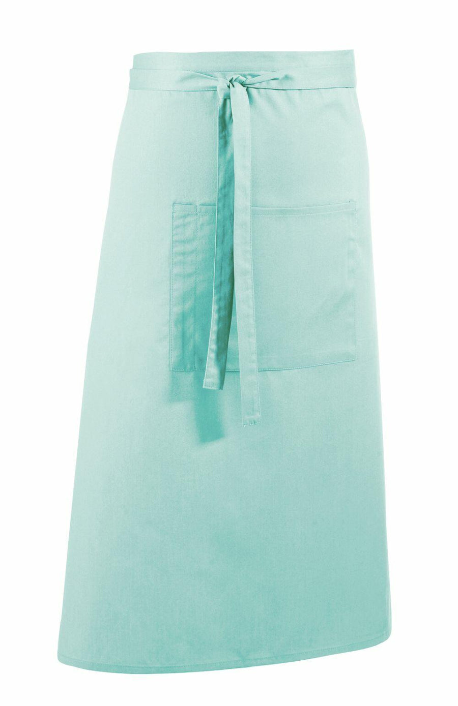 A Premier apron in light blue featuring a front pocket and adjustable waist ties, identified as product PR158.