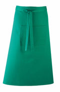 Introducing the Premier PR158, a vibrant green waist apron designed with a convenient front pocket and adjustable tied straps.