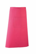 The Premier PR158 is a vibrant pink apron featuring a front waist-high pocket. It has a straightforward design and extends to knee-length.