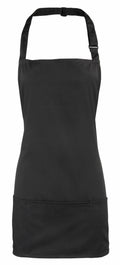 PR159 black apron by Premier, featuring a neck strap and front pocket, displayed against a plain white background.