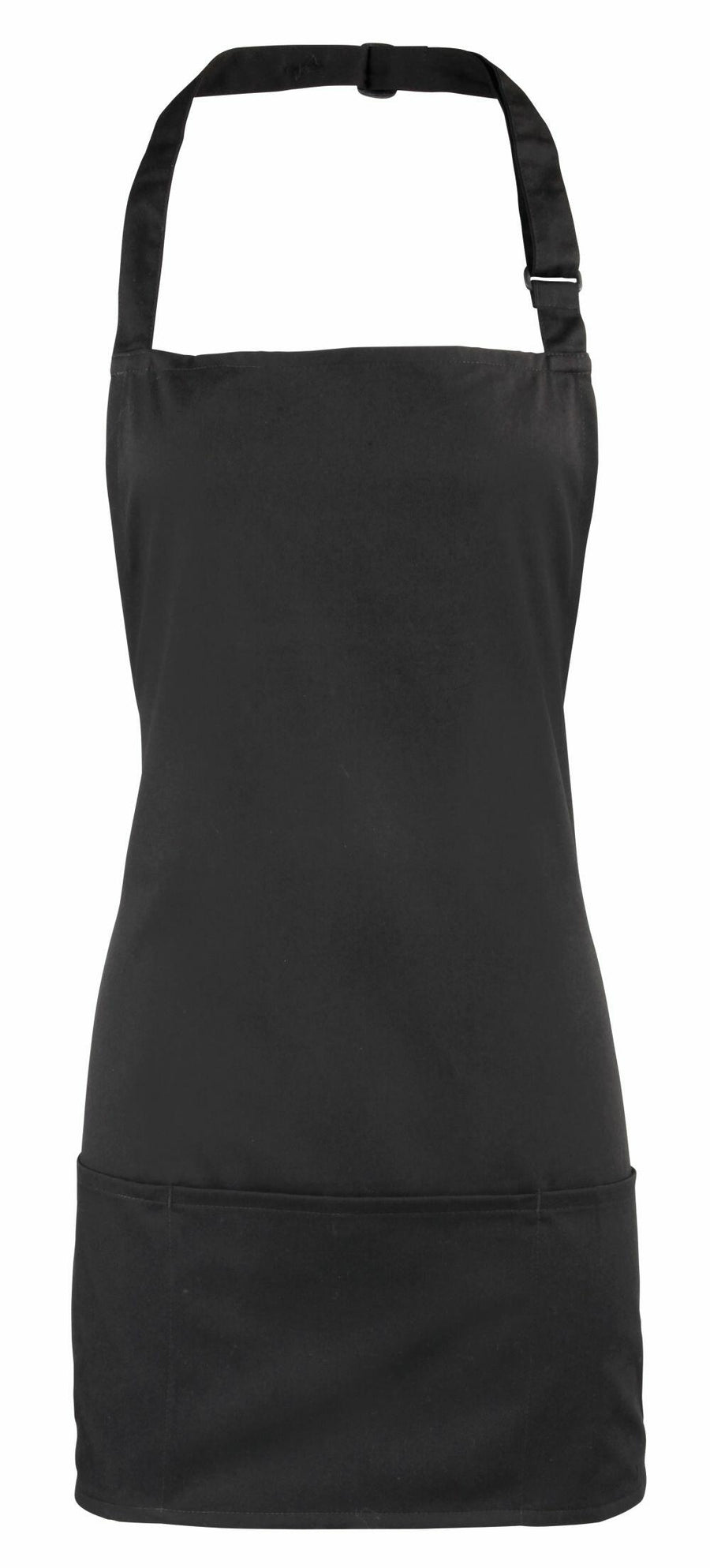 PR159 black apron by Premier, featuring a neck strap and front pocket, displayed against a plain white background.