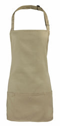 The Premier PR159 is a plain beige apron featuring two spacious front pockets and an adjustable neck strap.