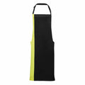The PR162 apron by Premier is black with a bright yellow stripe on the side.