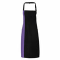 The Premier PR162 is a black apron that features a vertical purple stripe on one side and includes an adjustable neck strap.