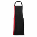 The Premier PR162 apron features a black design with a vertical red stripe on the left side. It includes an adjustable neck strap and two waist ties, and is showcased against a white backdrop.