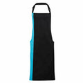 The Premier PR162 apron is black and features a vertical blue stripe on the left side, complete with an adjustable neck strap.