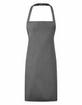 The Premier PR165 kitchen apron features a gray design, a halter neck strap, and two front pockets, showcased on a plain white background.