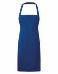 The Premier PR165 is a plain blue apron featuring a neck strap and no pockets, presented against a white background.