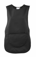 The Premier PR171 is a black apron without sleeves, featuring a spacious front pocket.