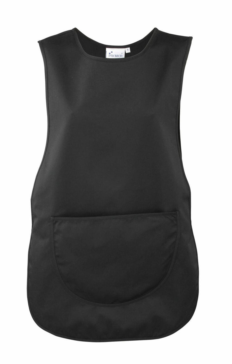 The Premier PR171 is a black apron without sleeves, featuring a spacious front pocket.