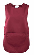 The Premier PR171 is a burgundy apron featuring a large front pocket. Its simple, sleeveless design makes it perfect for various kitchen or crafting activities.