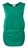 A versatile sleeveless apron in green, featuring a large front pocket for convenience, designed by Premier and identified as model PR171.