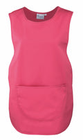 Introducing the Premier PR171: a vivid pink sleeveless apron featuring a round neckline and a large front pocket, all presented in a simple, stylish design.