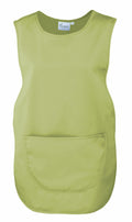 The Premier PR171 is a green apron featuring a large front pocket, a simple rounded design, and a tag at the neckline.
